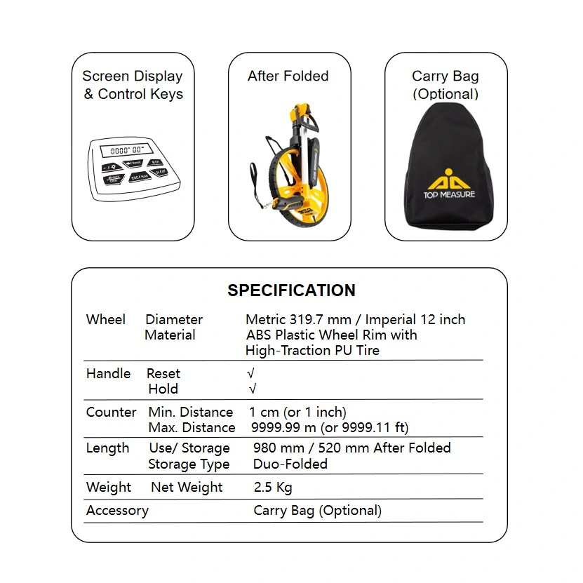 Foldable Professional Distance Measuring Wheel with LCD Back-Light Display